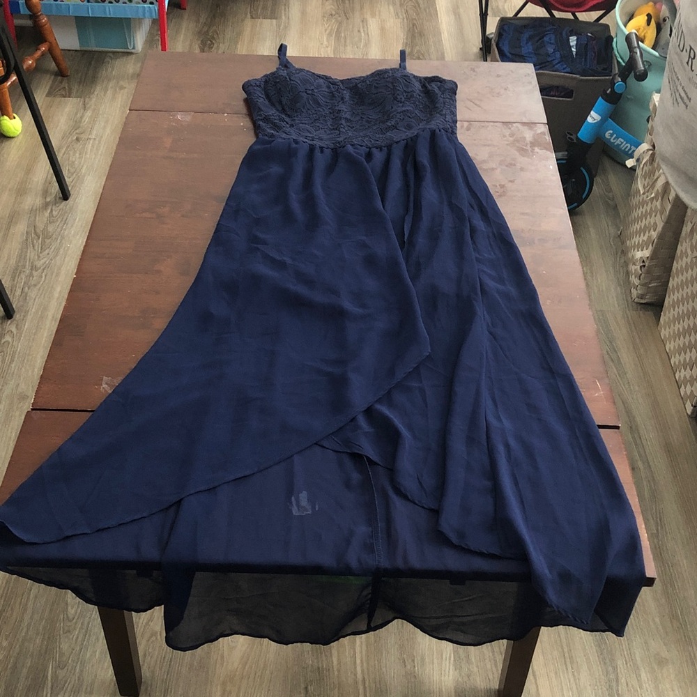 Strapless Navy Lace Bodice Chiffon Maxi High Low Dress
